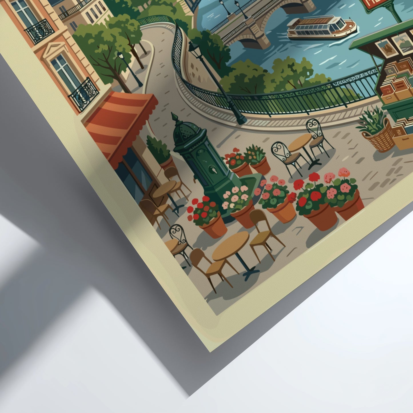 Vintage style travel poster of a Parisian river scene with the Eiffel Tower and Sacré-Cœur.