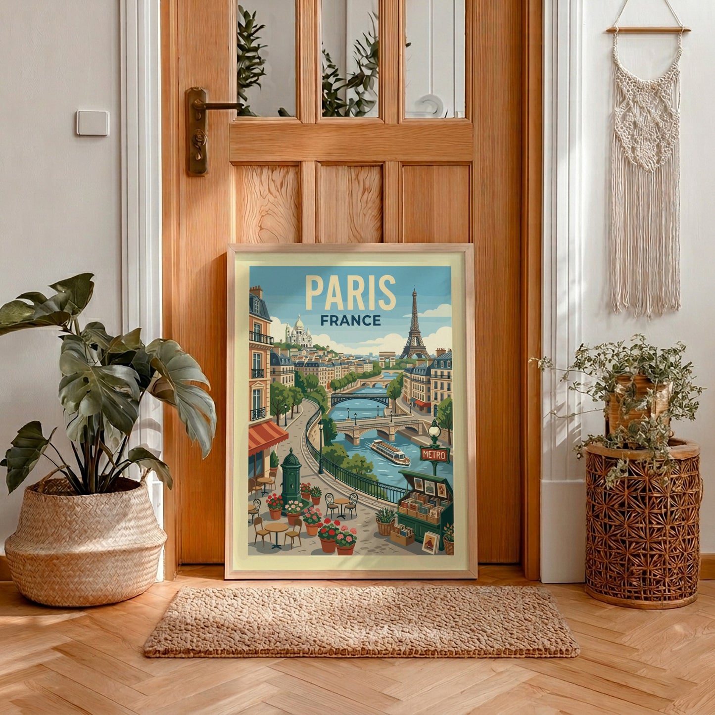 Vintage style travel poster of a Parisian river scene with the Eiffel Tower and Sacré-Cœur.