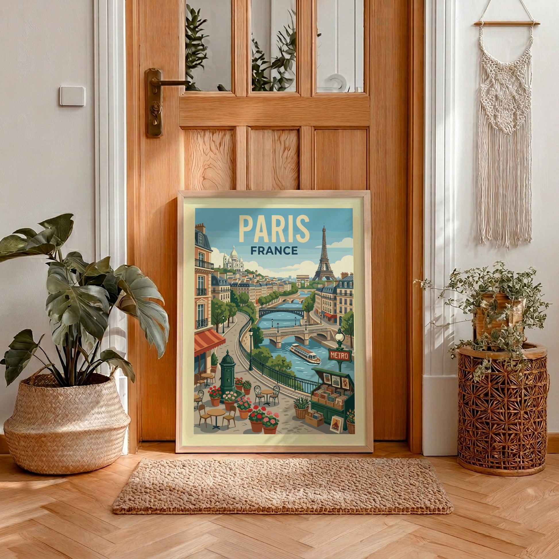 Vintage style travel poster of a Parisian river scene with the Eiffel Tower and Sacré-Cœur.