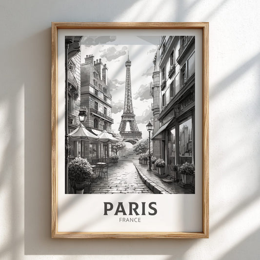 Paris Black and White travel poster on a Natural oak wood frame