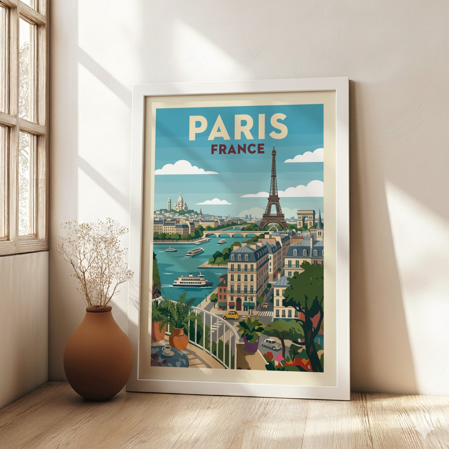 Stylized Paris travel poster featuring the Eiffel Tower, Seine River, and city buildings in a retro art style.