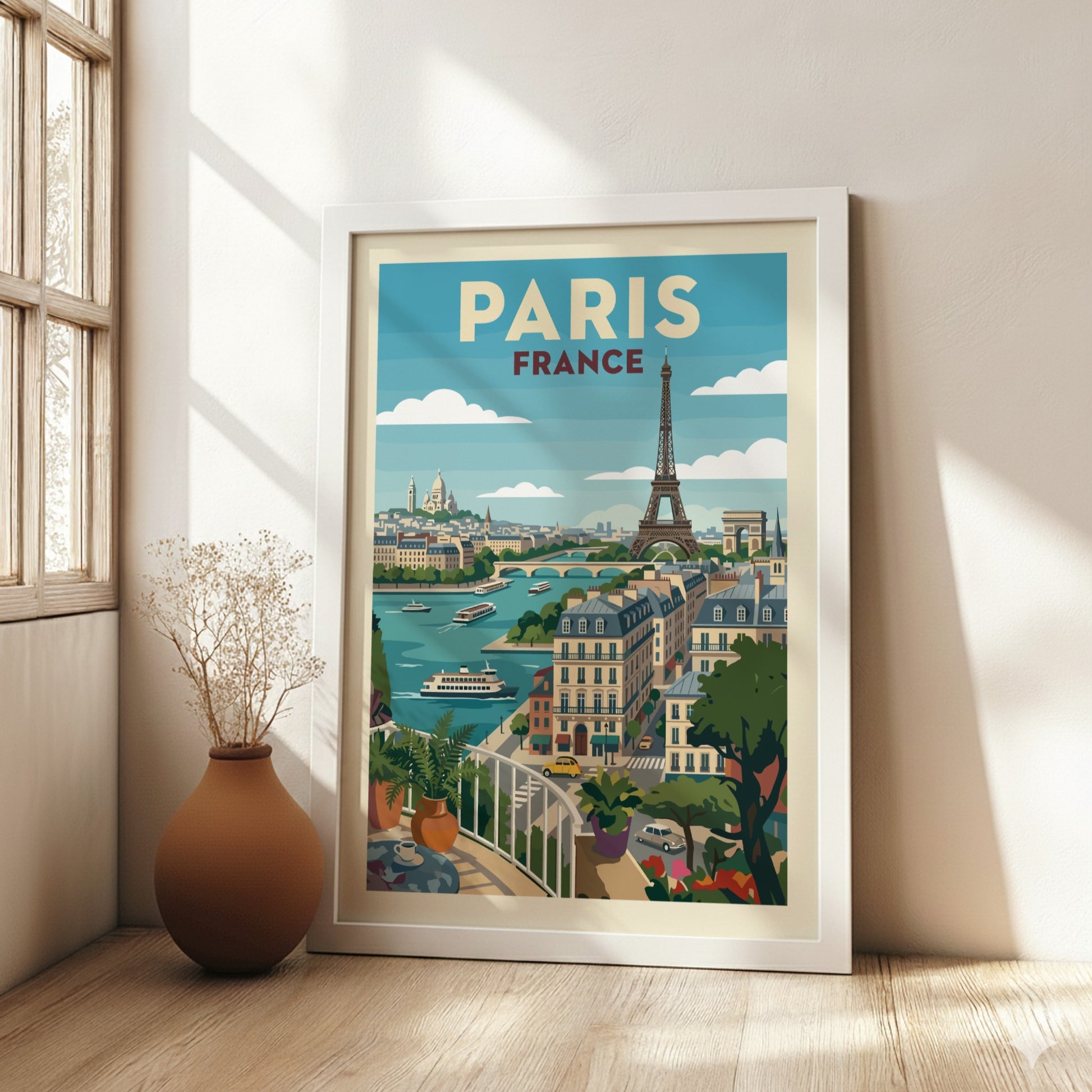 Stylized Paris travel poster featuring the Eiffel Tower, Seine River, and city buildings in a retro art style.