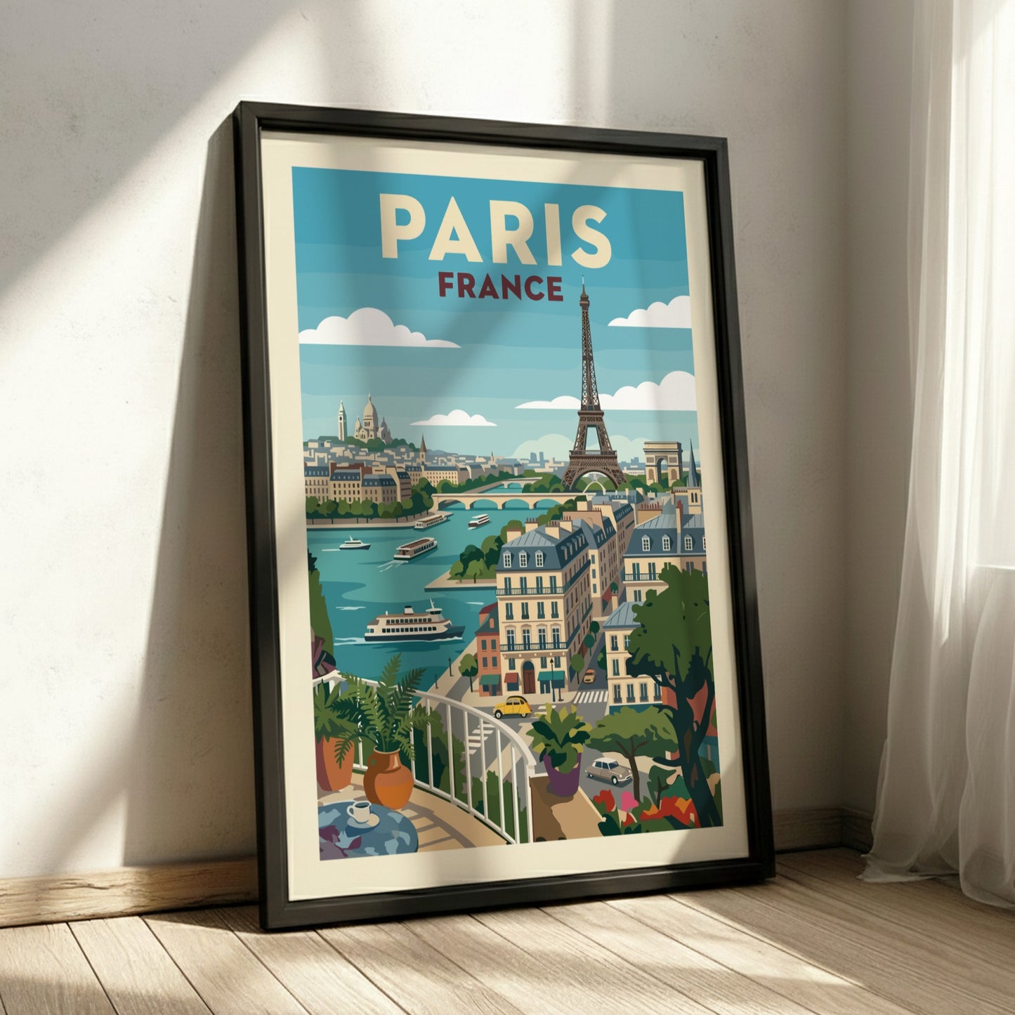 Stylized Paris travel poster featuring the Eiffel Tower, Seine River, and city buildings in a retro art style.