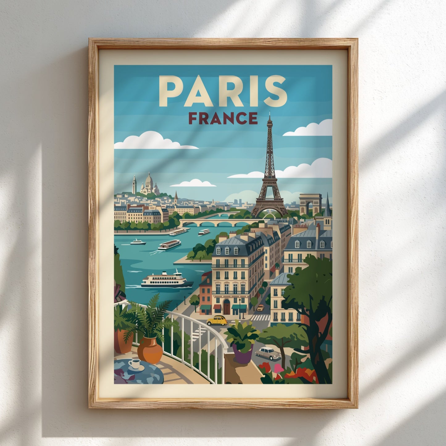 Stylized Paris travel poster featuring the Eiffel Tower, Seine River, and city buildings in a retro art style.