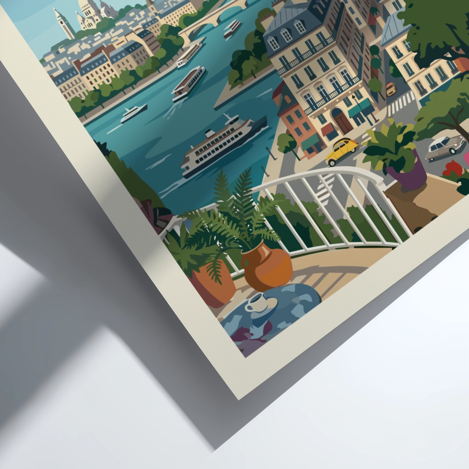 Stylized Paris travel poster featuring the Eiffel Tower, Seine River, and city buildings in a retro art style.