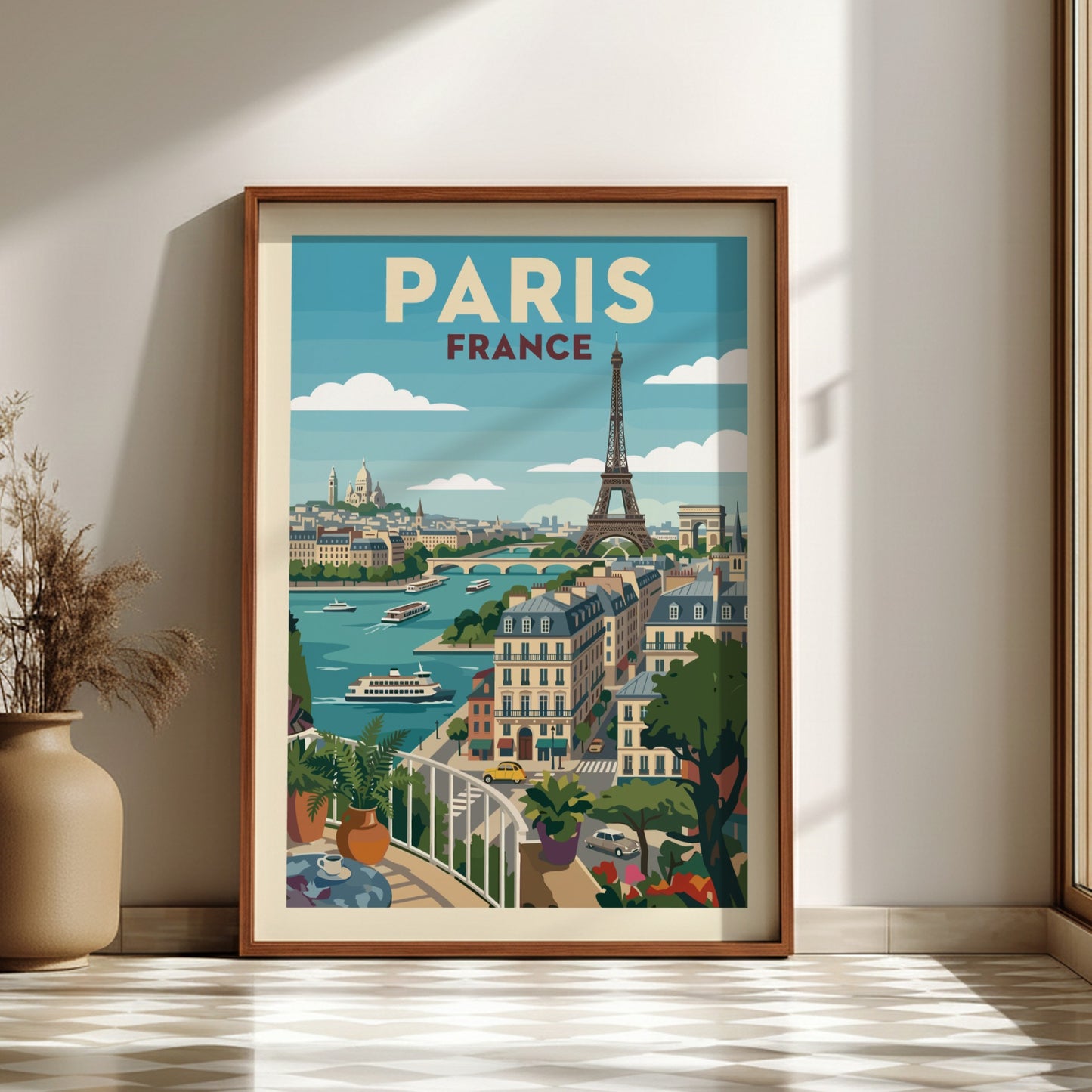 Stylized Paris travel poster featuring the Eiffel Tower, Seine River, and city buildings in a retro art style.
