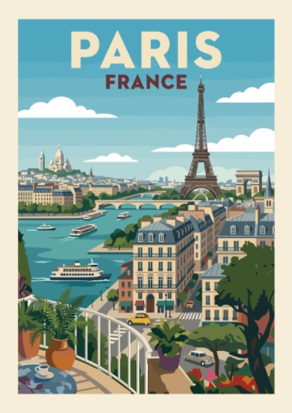 Stylized Paris travel poster featuring the Eiffel Tower, Seine River, and city buildings in a retro art style.