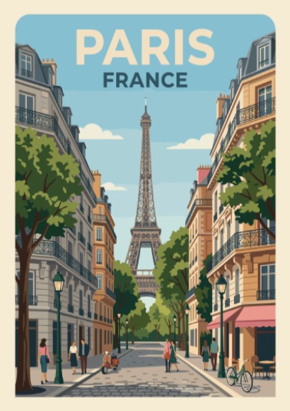 Paris France travel poster featuring the Eiffel Tower on a bustling city street
