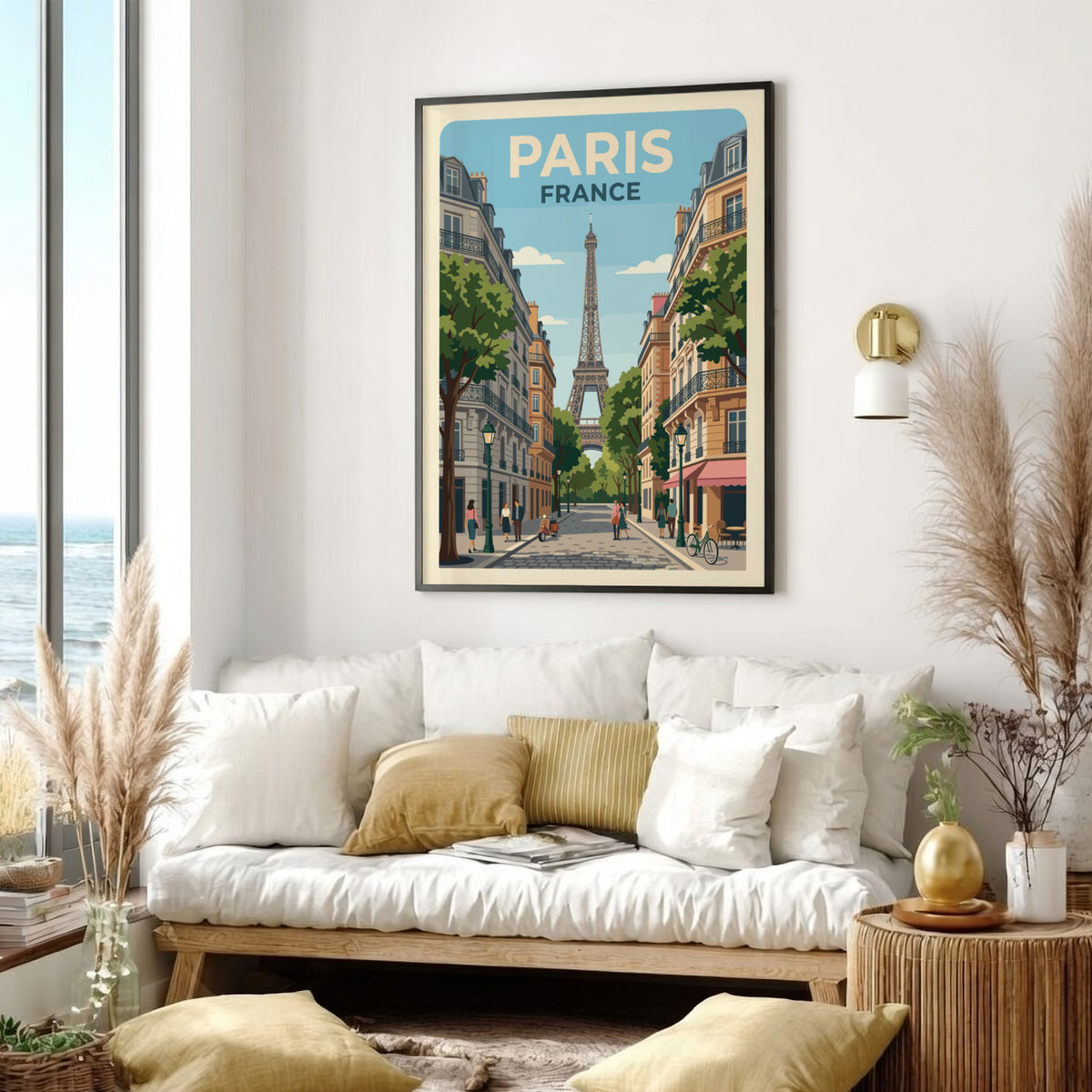 Paris France travel poster featuring the Eiffel Tower on a bustling city street
