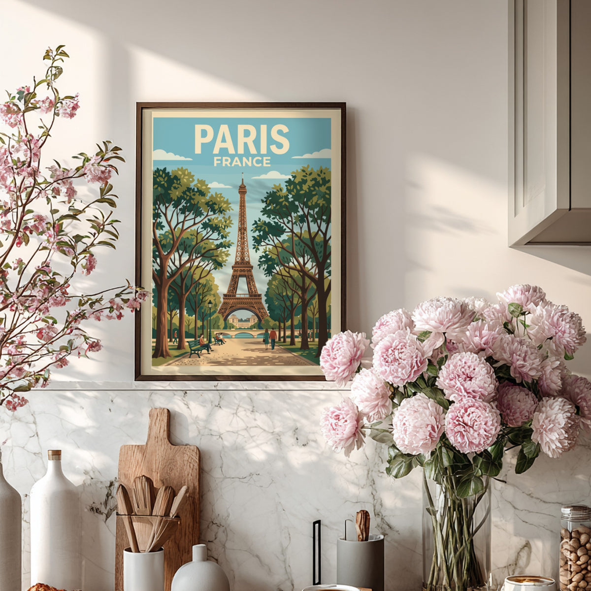 Poster of the Eiffel Tower in Paris France with trees and walking pedestrians