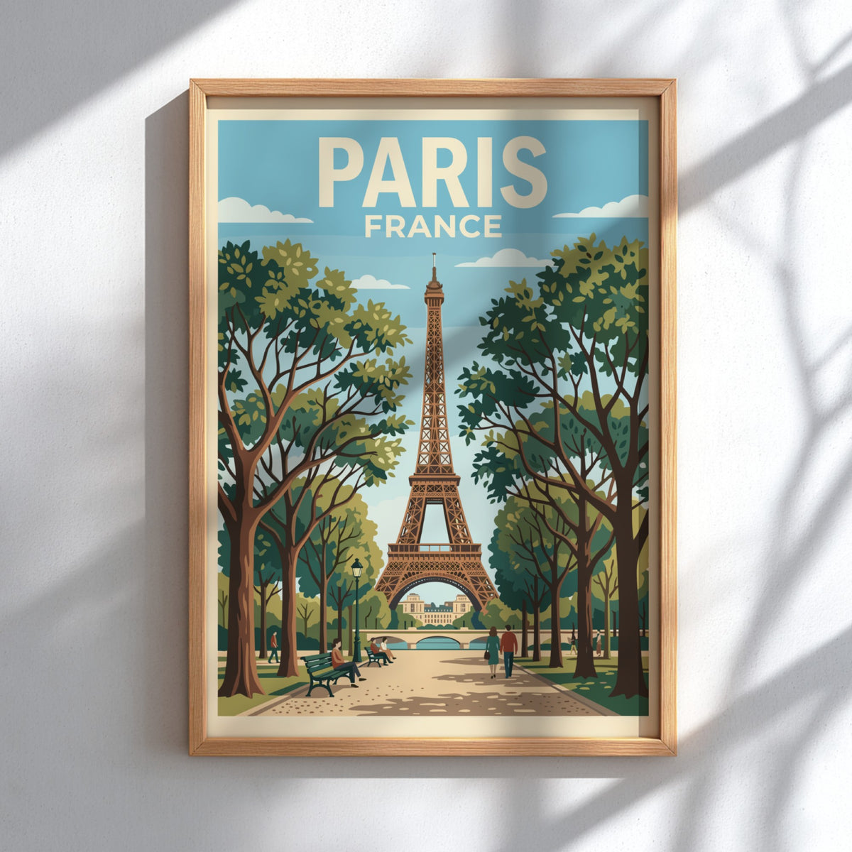 Poster of the Eiffel Tower in Paris France with trees and walking pedestrians