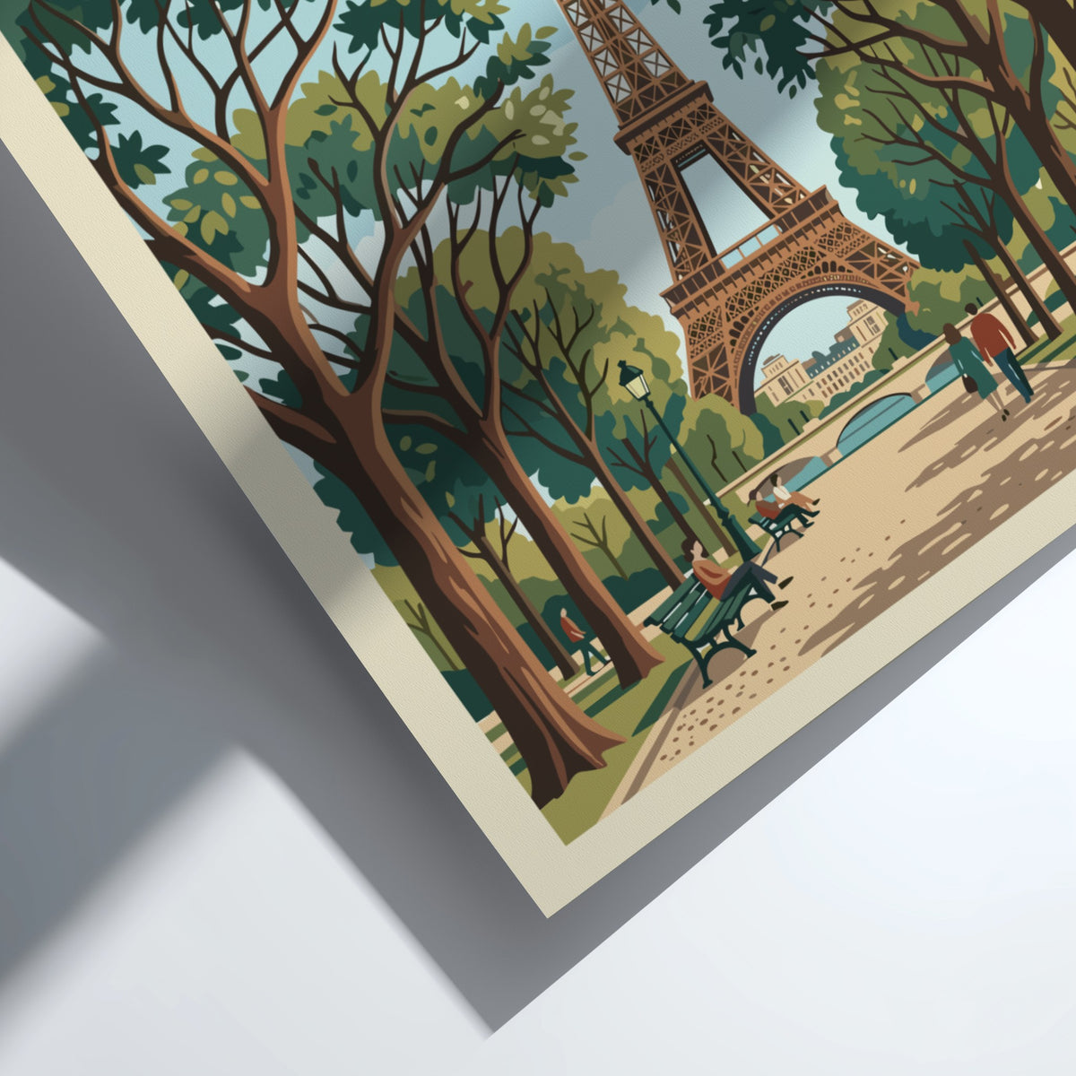 Poster of the Eiffel Tower in Paris France with trees and walking pedestrians