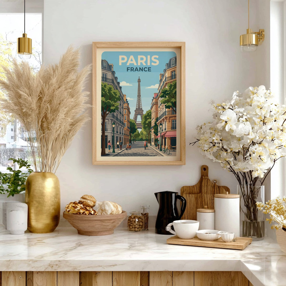 Paris France travel poster featuring the Eiffel Tower on a bustling city street