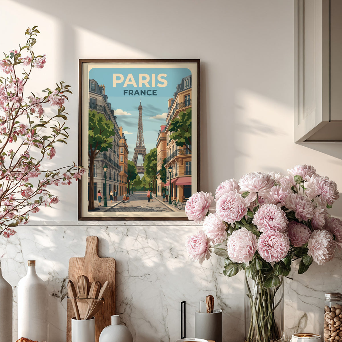 Paris France travel poster featuring the Eiffel Tower on a bustling city street