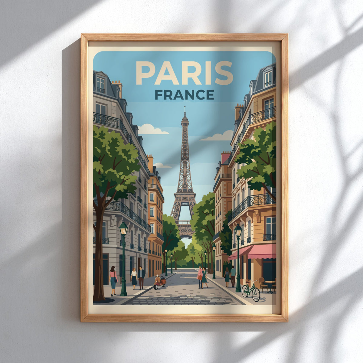 Paris France travel poster featuring the Eiffel Tower on a bustling city street