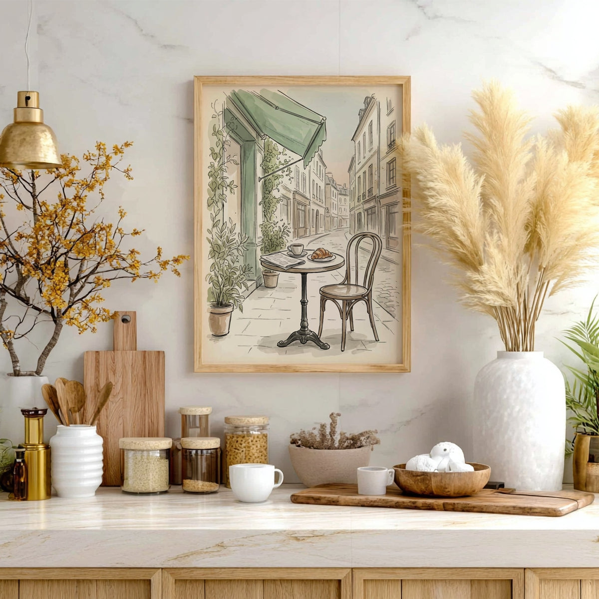 Parisian cafe poster featuring a bistro table with coffee and croissant on cobblestone street