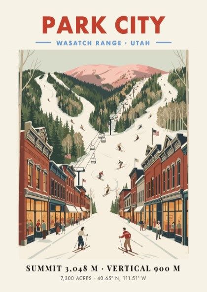 Vintage ski resort poster featuring Park City slopes and skiers, perfect wall art for ski enthusiasts.