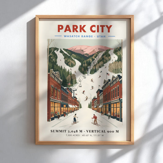Vintage ski resort poster featuring Park City slopes and skiers, perfect wall art for ski enthusiasts.
