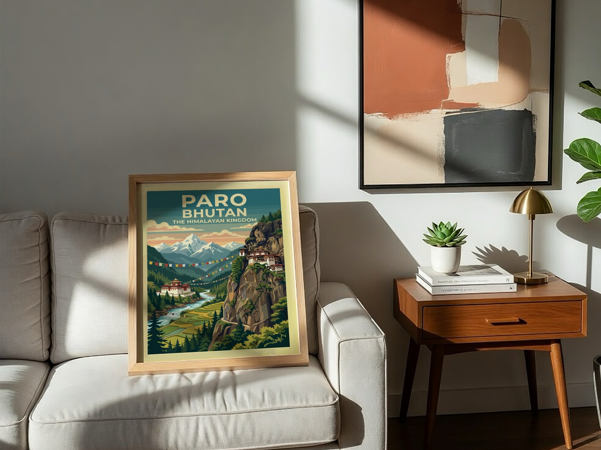 Vintage travel poster of Paro Bhutan featuring mountains, a monastery, and prayer flags.