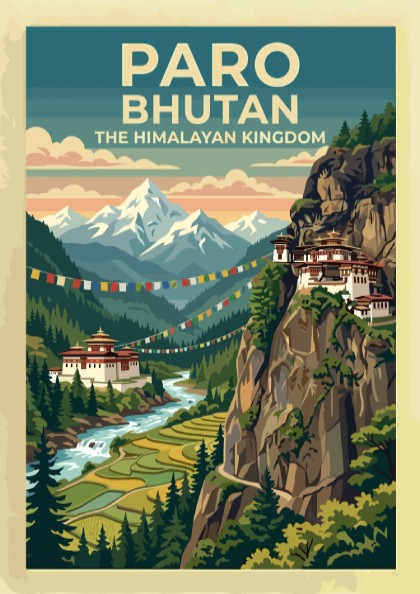 Vintage travel poster of Paro Bhutan featuring mountains, a monastery, and prayer flags.