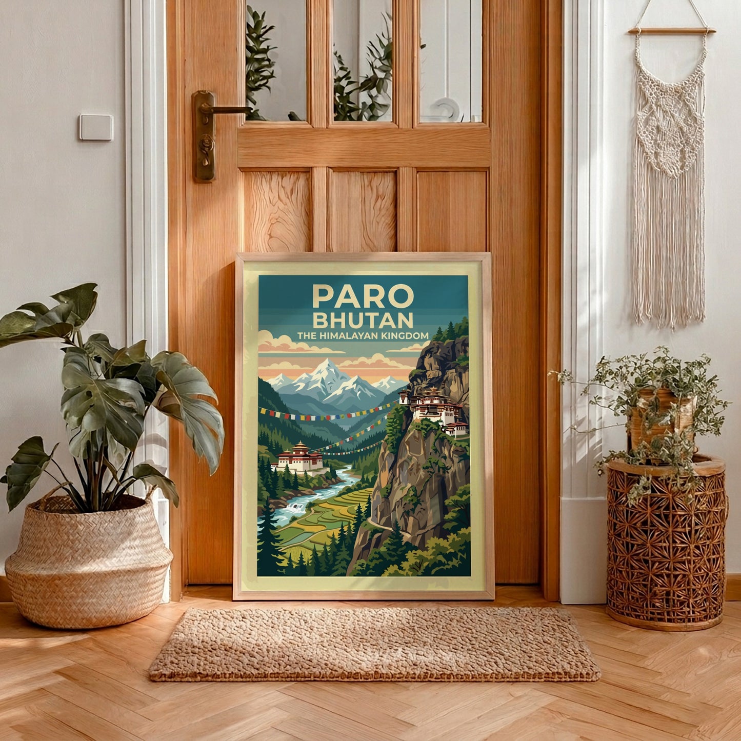 Vintage travel poster of Paro Bhutan featuring mountains, a monastery, and prayer flags.
