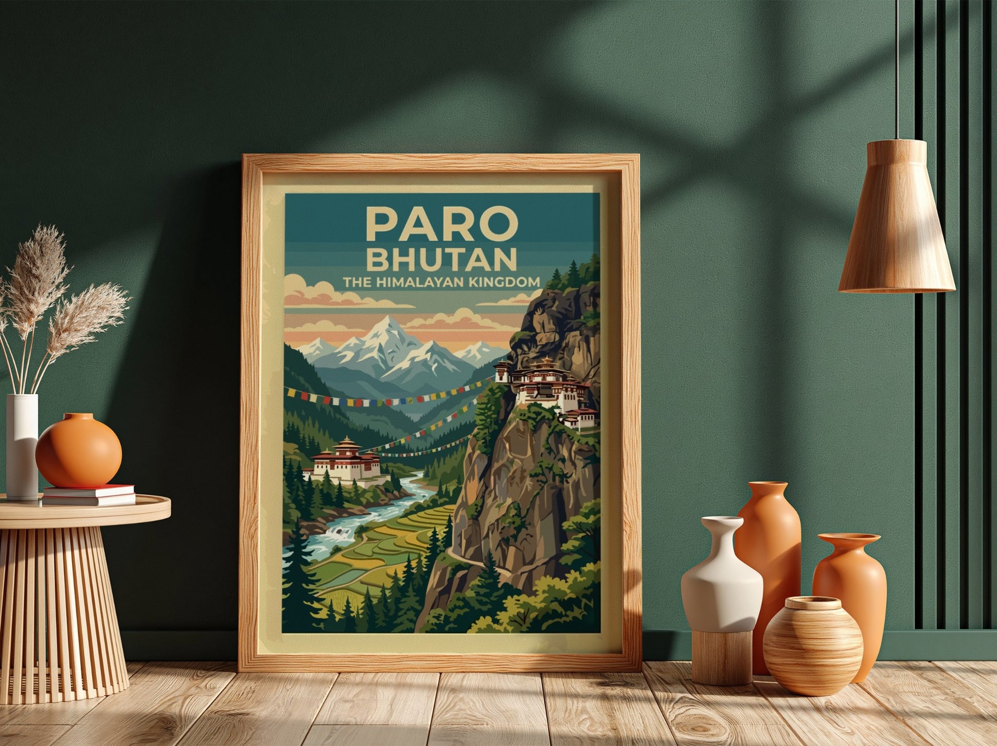 Vintage travel poster of Paro Bhutan featuring mountains, a monastery, and prayer flags.