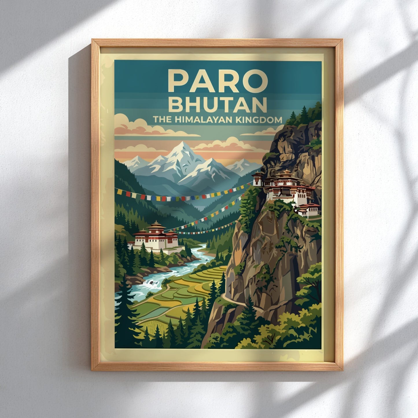 Vintage travel poster of Paro Bhutan featuring mountains, a monastery, and prayer flags.