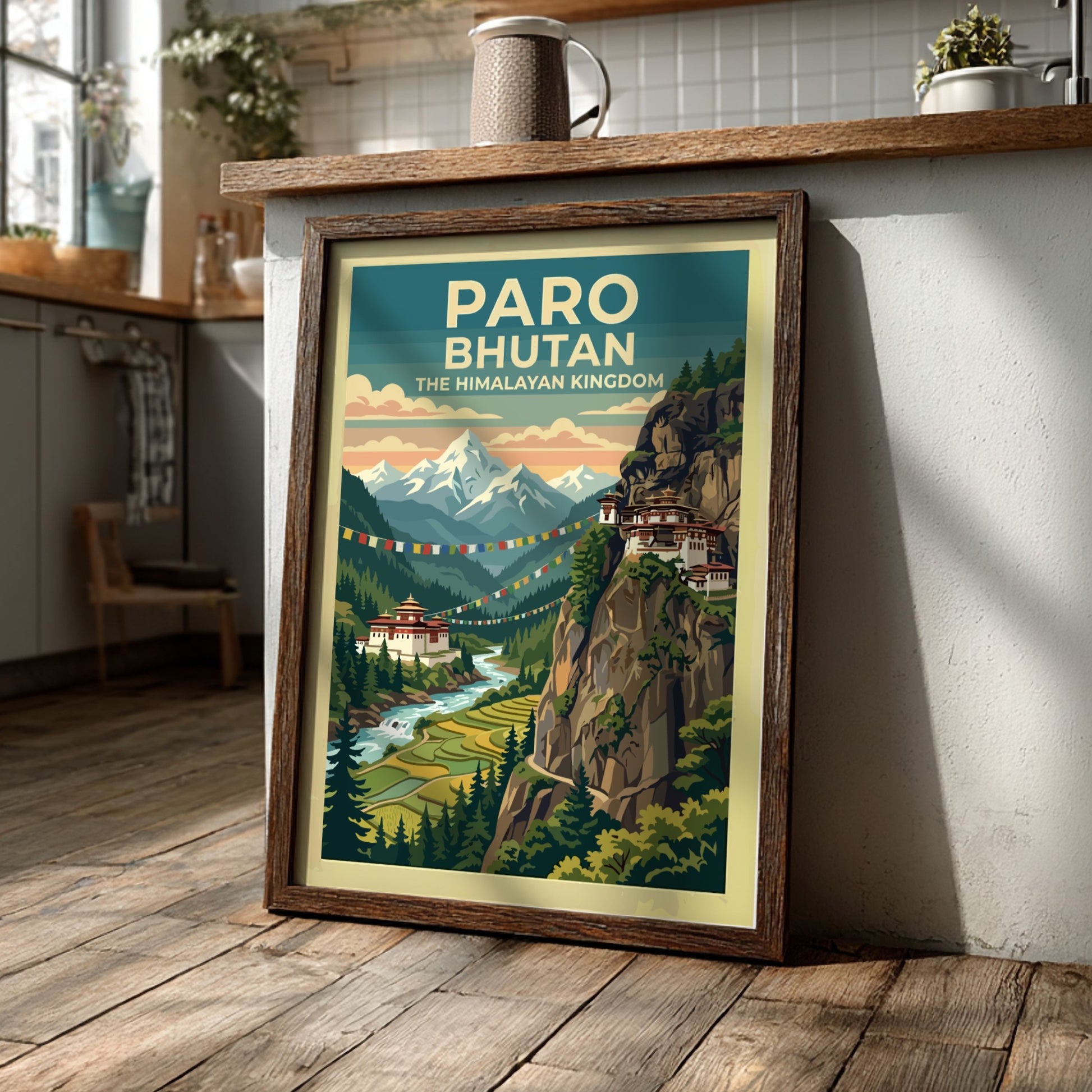 Vintage travel poster of Paro Bhutan featuring mountains, a monastery, and prayer flags.