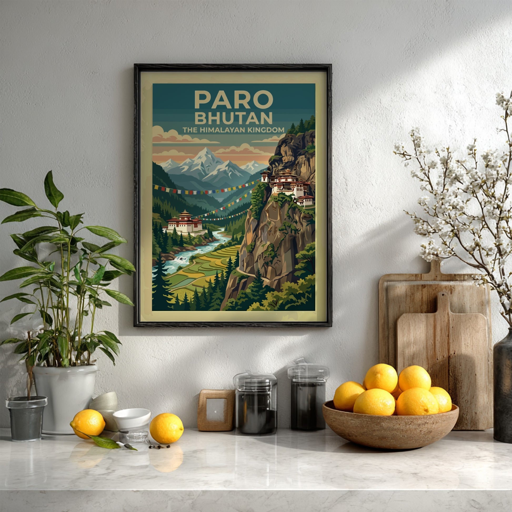Vintage travel poster of Paro Bhutan featuring mountains, a monastery, and prayer flags.