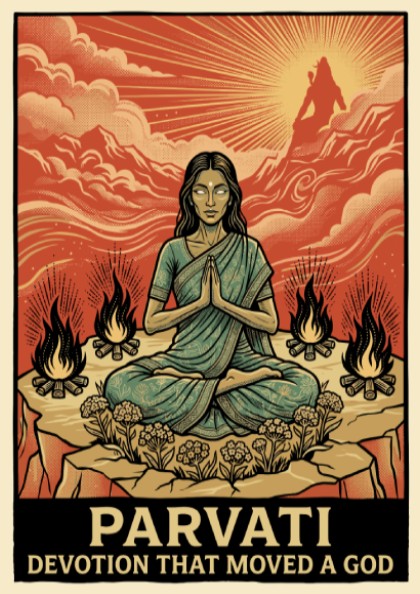 Poster featuring Parvati meditating surrounded by fire with a divine silhouette in orange