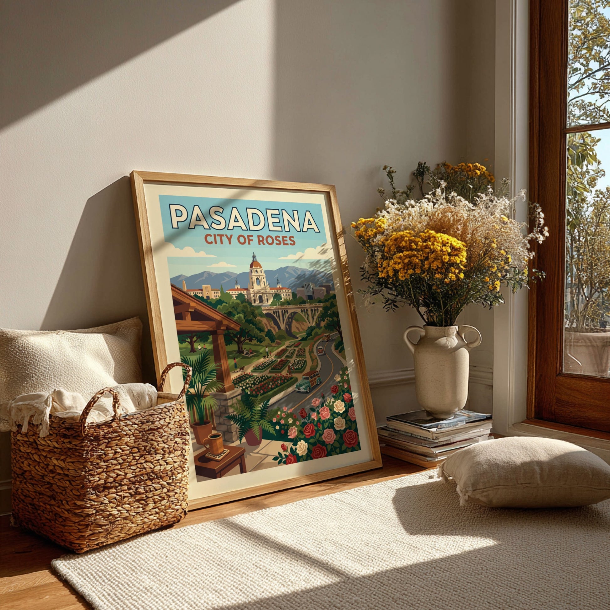 Vintage Pasadena City of Roses travel poster with City Hall, rose gardens, and retro cars in a warm,