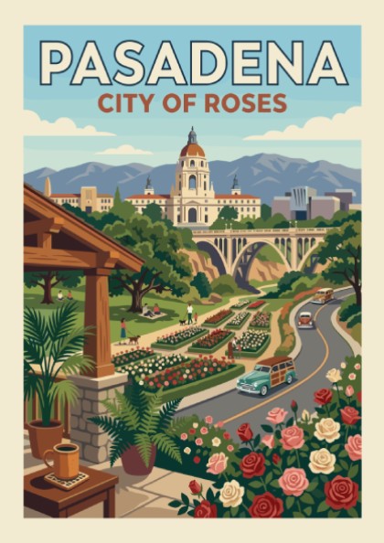 Vintage Pasadena City of Roses travel poster with City Hall, rose gardens, and retro cars in a warm,