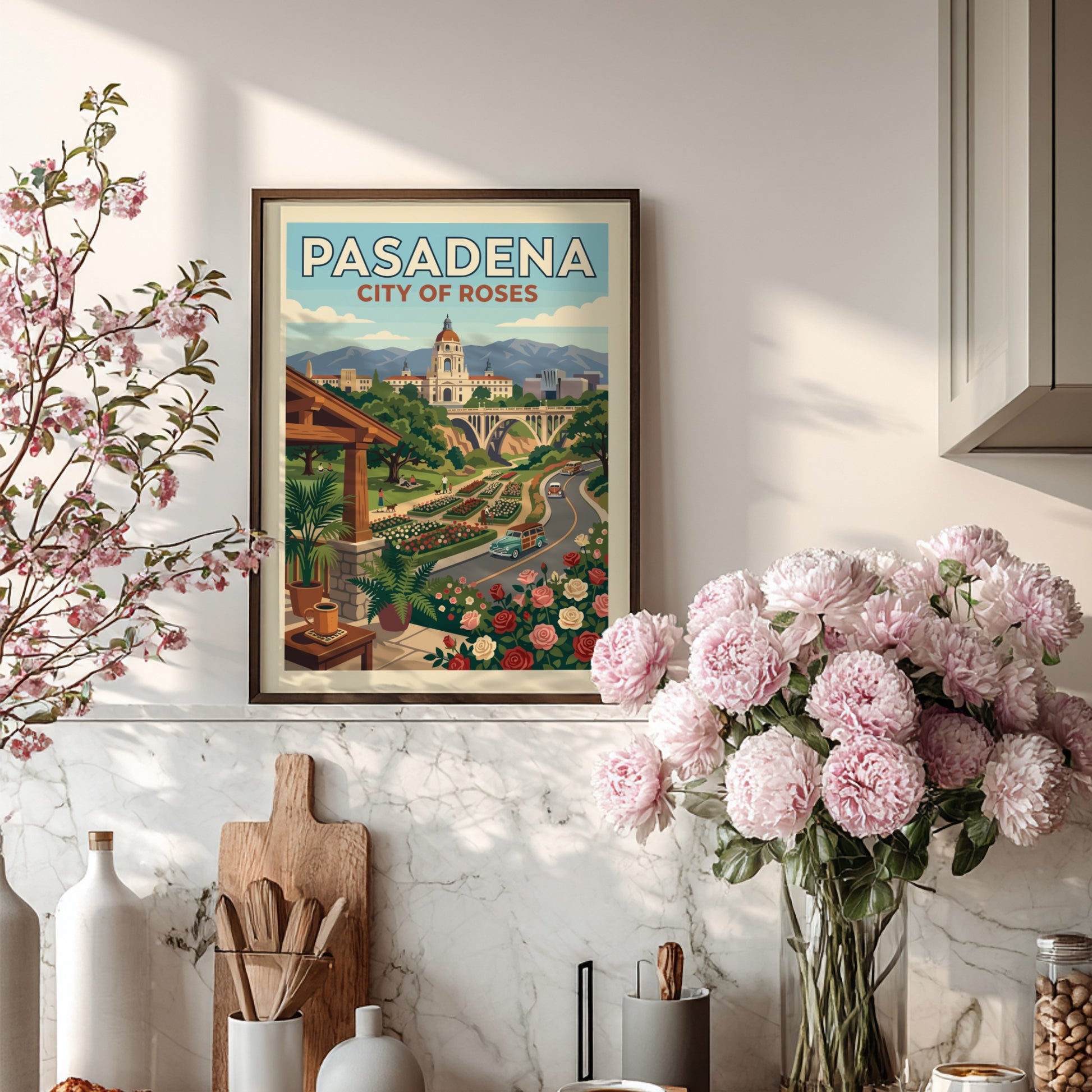 Vintage Pasadena City of Roses travel poster with City Hall, rose gardens, and retro cars in a warm,