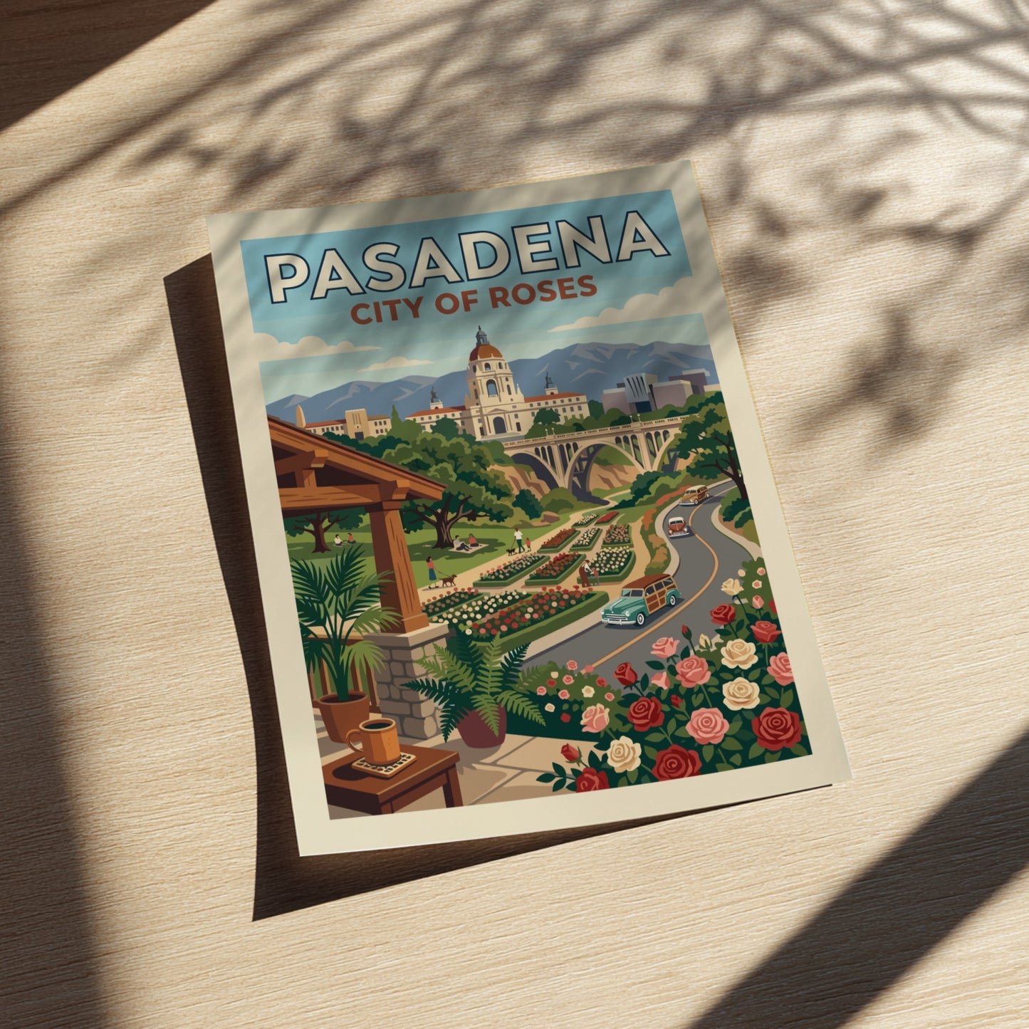 Vintage Pasadena City of Roses travel poster with City Hall, rose gardens, and retro cars in a warm,