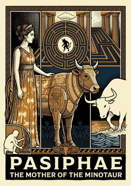 Pasiphae Greek mythology poster in a stylized illustration with a woman and a bull-like creature.