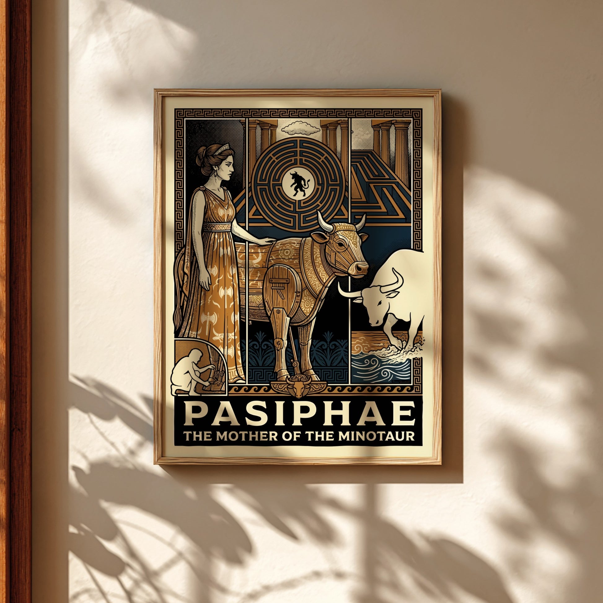 Pasiphae Greek mythology poster in a stylized illustration with a woman and a bull-like creature.