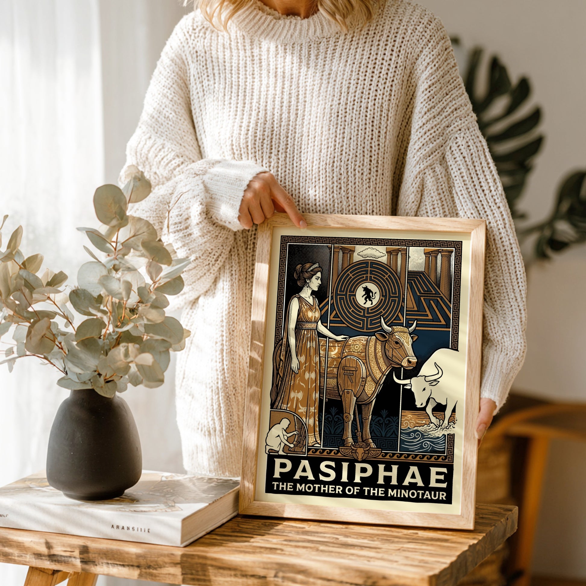Pasiphae Greek mythology poster in a stylized illustration with a woman and a bull-like creature.