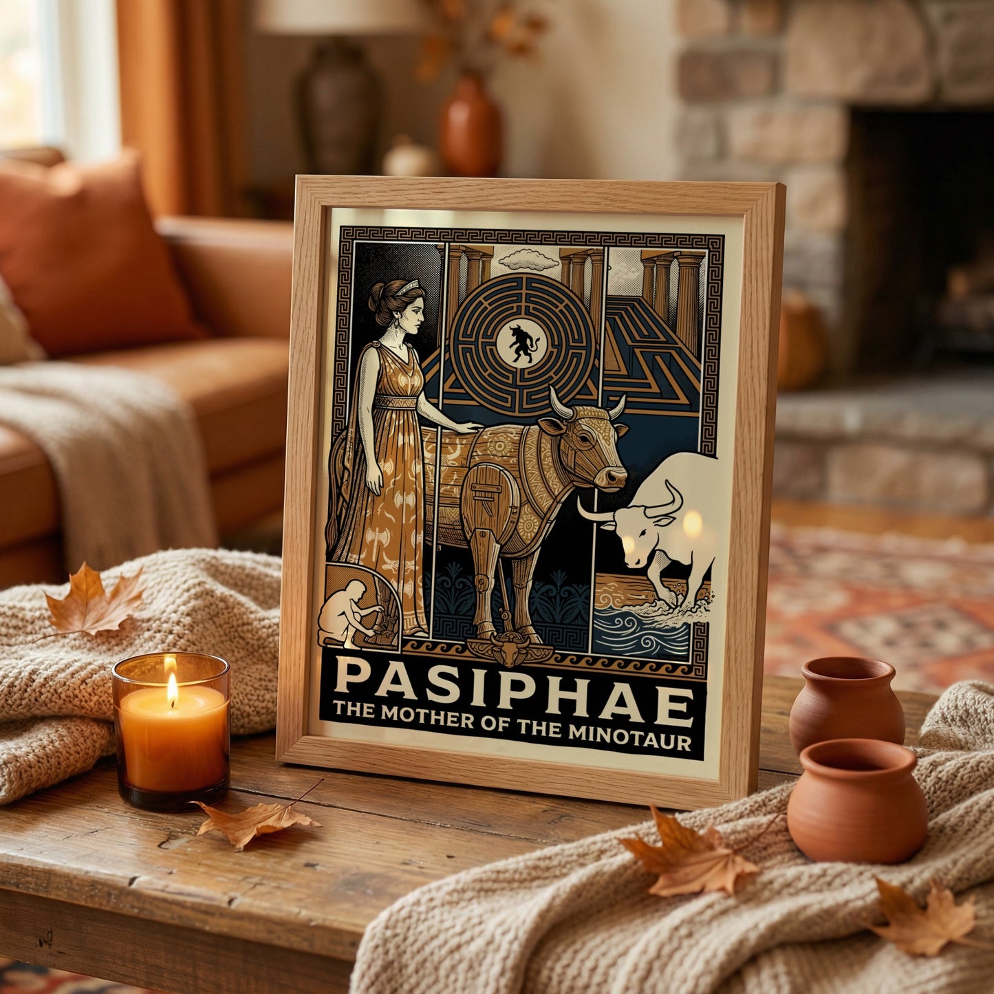 Pasiphae Greek mythology poster in a stylized illustration with a woman and a bull-like creature.