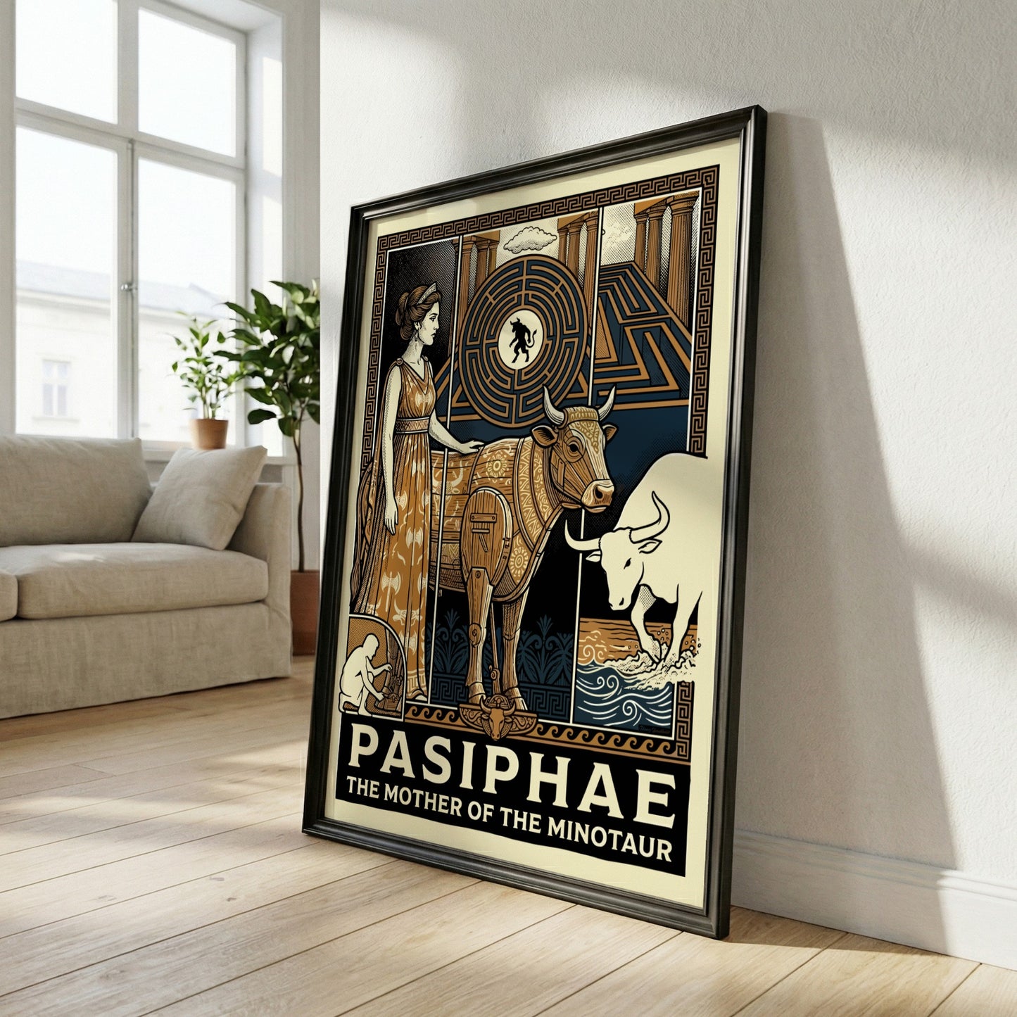 Pasiphae Greek mythology poster in a stylized illustration with a woman and a bull-like creature.