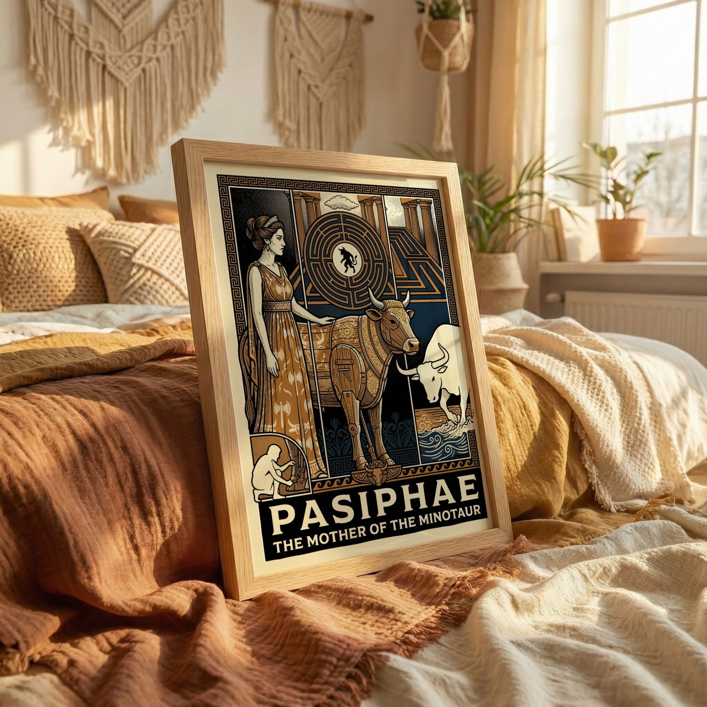 Pasiphae Greek mythology poster in a stylized illustration with a woman and a bull-like creature.