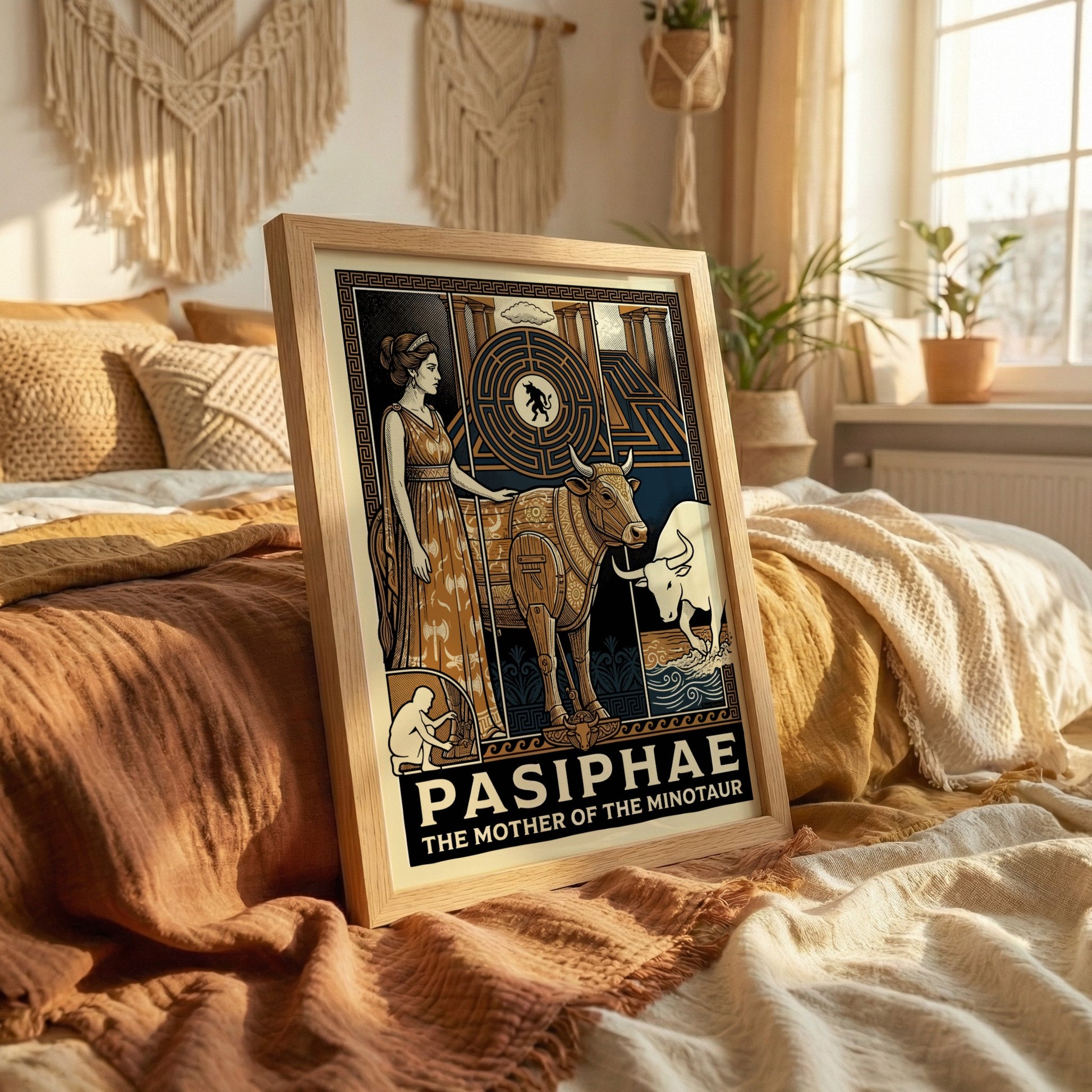 Pasiphae Greek mythology poster in a stylized illustration with a woman and a bull-like creature.