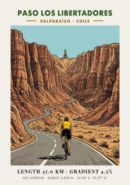 Cycling poster showing a rider on the winding Paso Los Libertadores mountain road