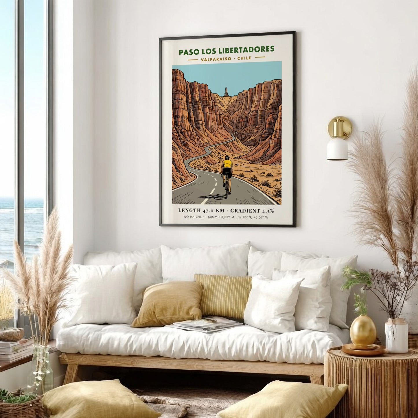 Cycling poster showing a rider on the winding Paso Los Libertadores mountain road