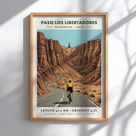Cycling poster showing a rider on the winding Paso Los Libertadores mountain road