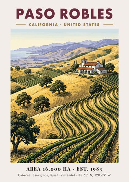 Poster of Paso Robles vineyards with golden hills and a villa under blue mountains.