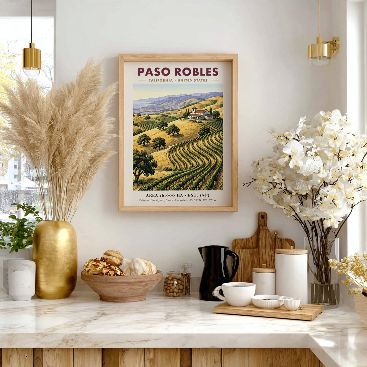 Poster of Paso Robles vineyards with golden hills and a villa under blue mountains.