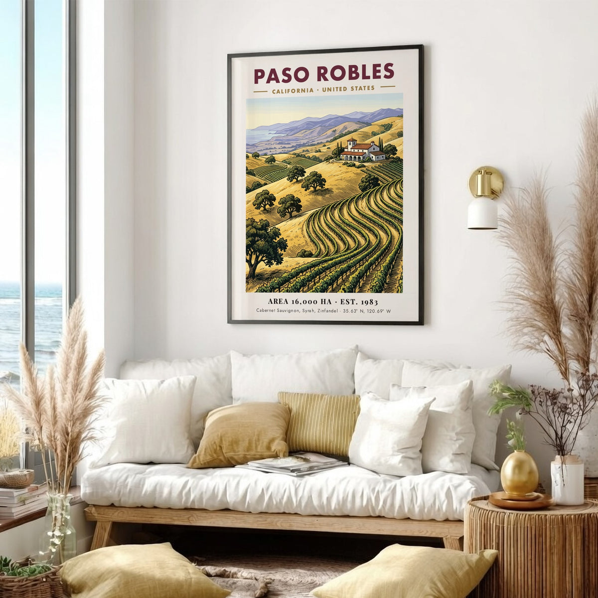 Poster of Paso Robles vineyards with golden hills and a villa under blue mountains.