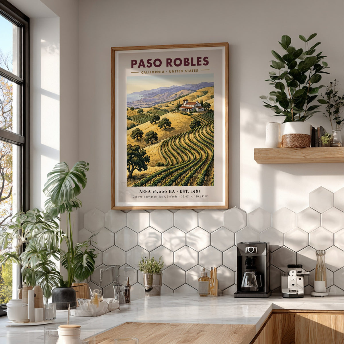 Poster of Paso Robles vineyards with golden hills and a villa under blue mountains.