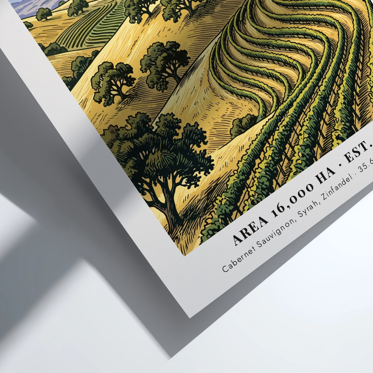 Poster of Paso Robles vineyards with golden hills and a villa under blue mountains.