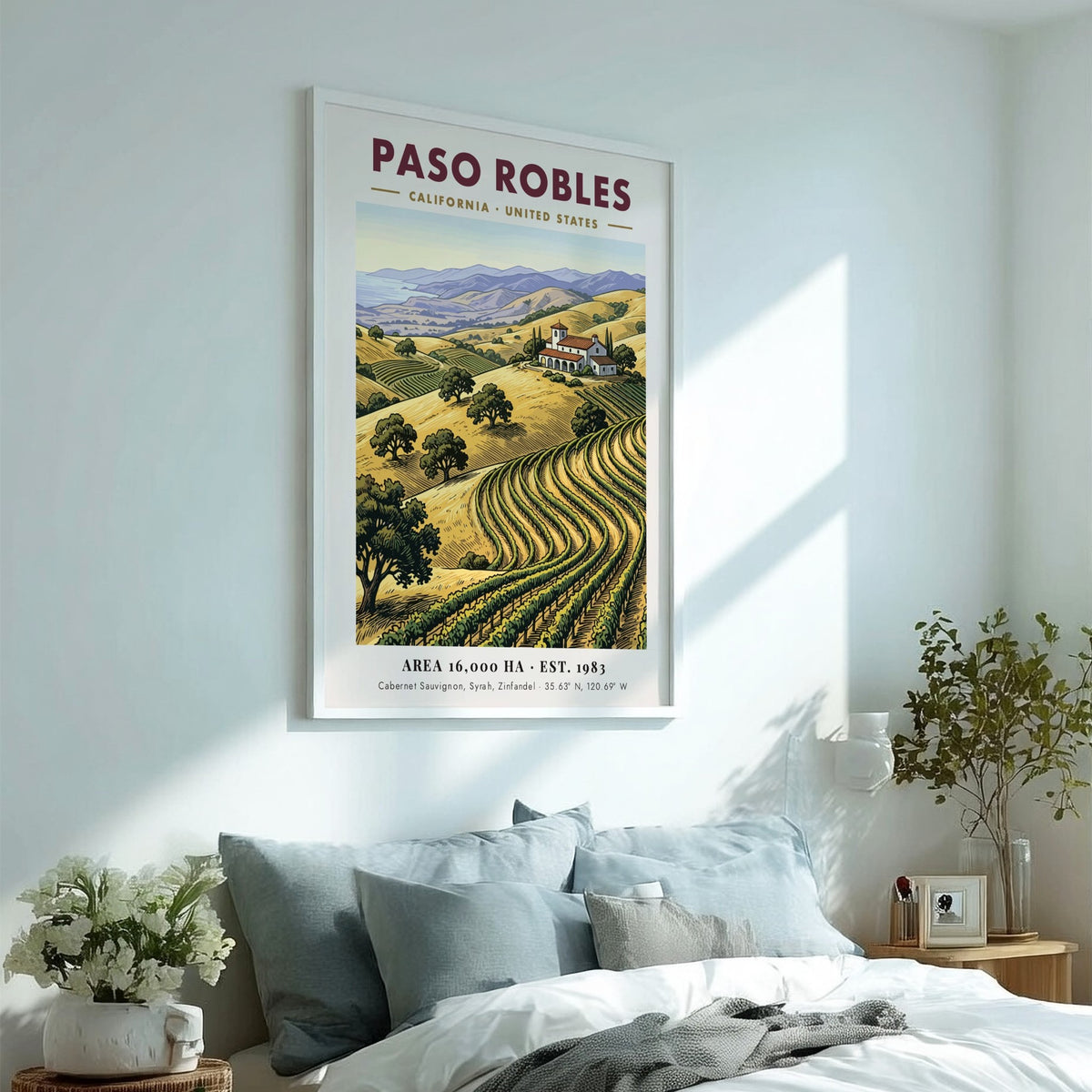 Poster of Paso Robles vineyards with golden hills and a villa under blue mountains.